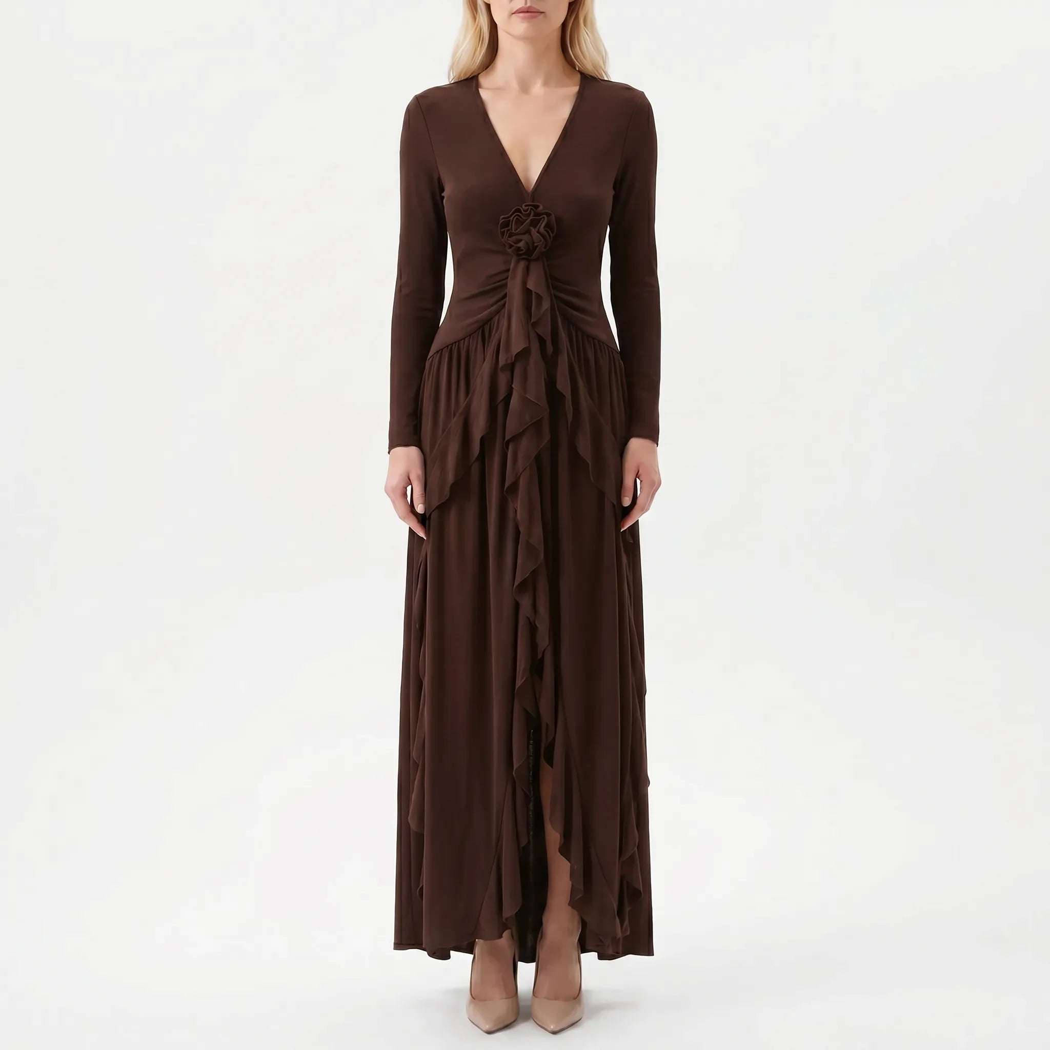 Kimberly | Langärmliges A-Linien-Maxikleid Mit Rüschen